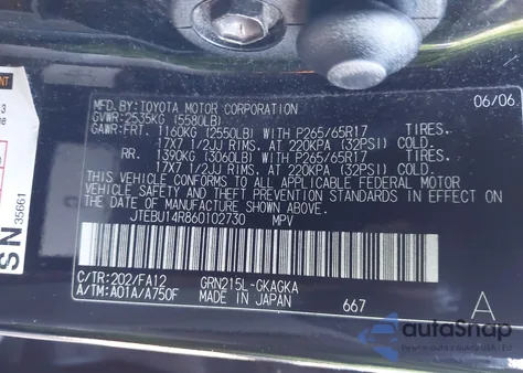 2006 Toyota 4Runner Sr5 V6 from USA, damaged, VIN JTEBU14R860102730